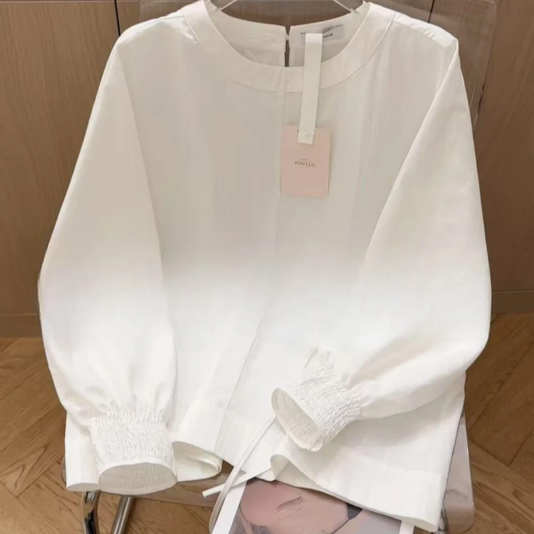 金喜家【韩系纯白衬衫】法式后领微开叉重工纯色衬衫