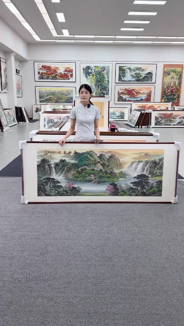 国画手绘现画 富水长流 150*59