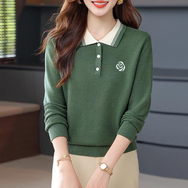 纯色百搭长袖毛针织衫POLO领洋气百搭秋季新款常规款毛衣女装