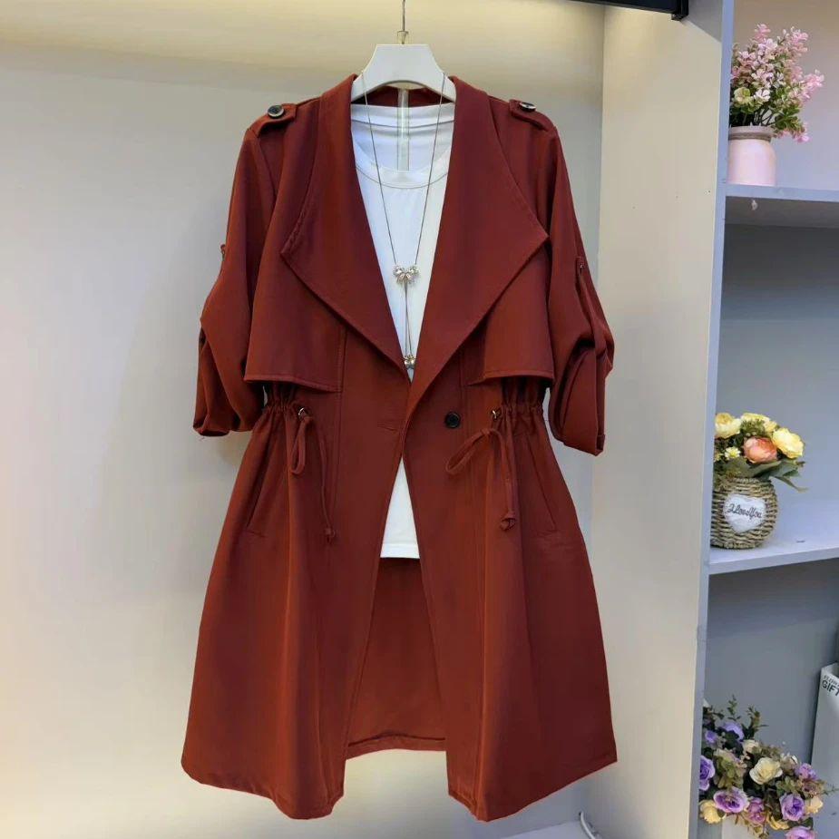 早秋新款时尚百搭大翻领腰抽绳纯色气质百搭显瘦风衣外套（无打底）