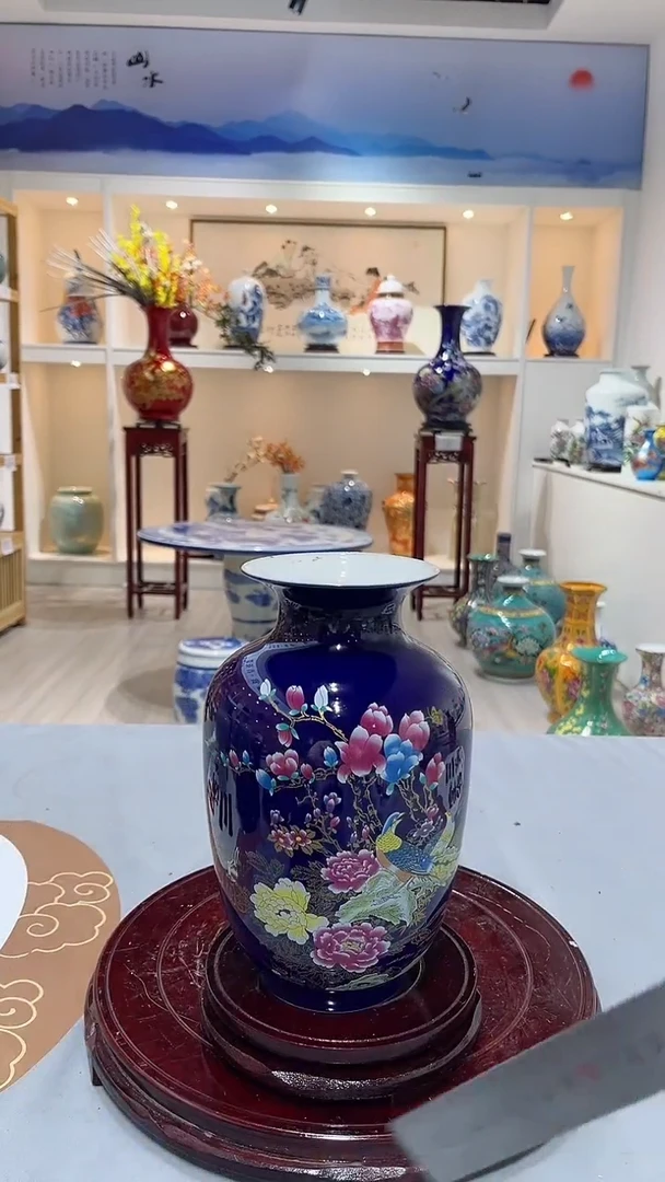 摆件高约21蓝锦鸡冬瓜瓶