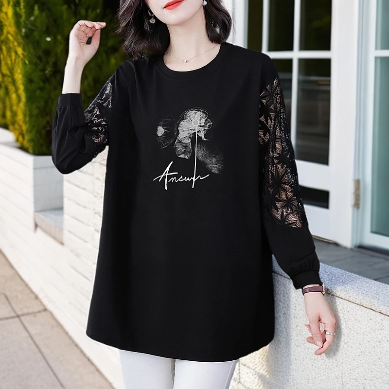 大码女装长袖t恤女宽松显瘦200斤加肥加大码胖mm洋气妈妈蕾丝上衣
