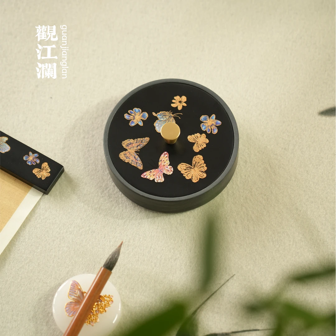 观江澜新品 蝴蝶烫金砚台 碟戏花砚台 中式文房好物文房摆件