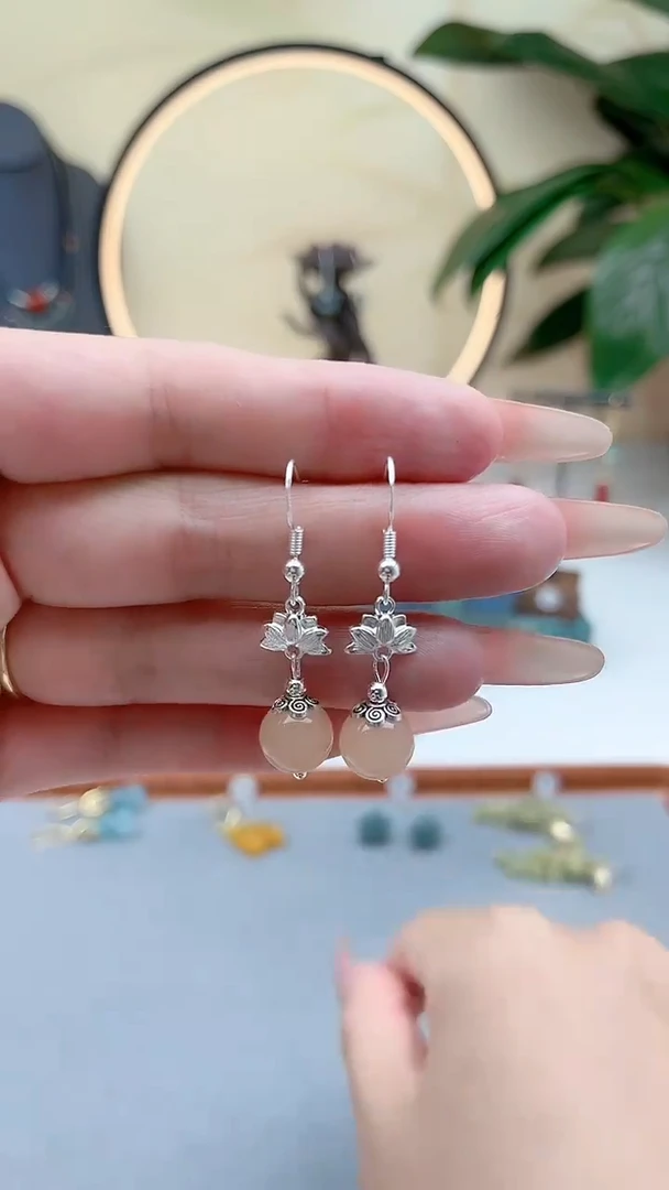 银S925镶嵌耳饰玛瑙/玉髓00藕粉荷花