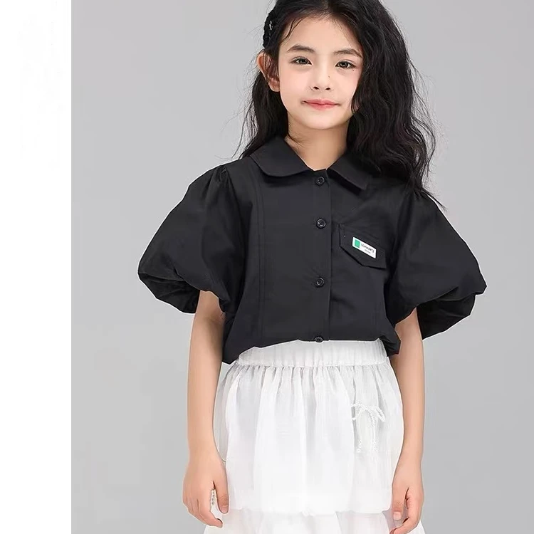 27013高端专享夏款女宝短袖衬衫黑色（斯）