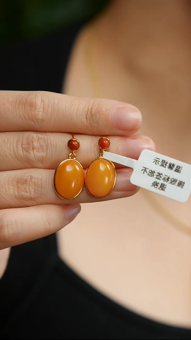 蜜蜡银S925镶嵌耳坠老蜡