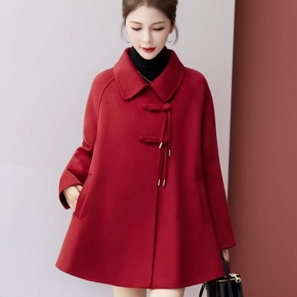 2025冬季新款【加棉】宽松盘扣斗篷式毛呢外套6611*