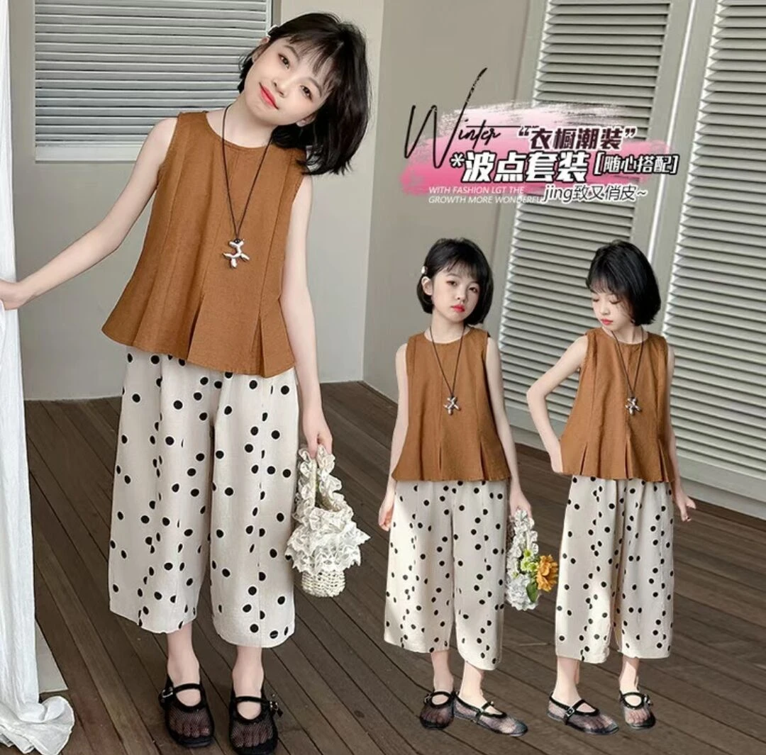 女童套装夏装2025新款洋气儿童夏季小女孩网红时髦无袖波点两件套