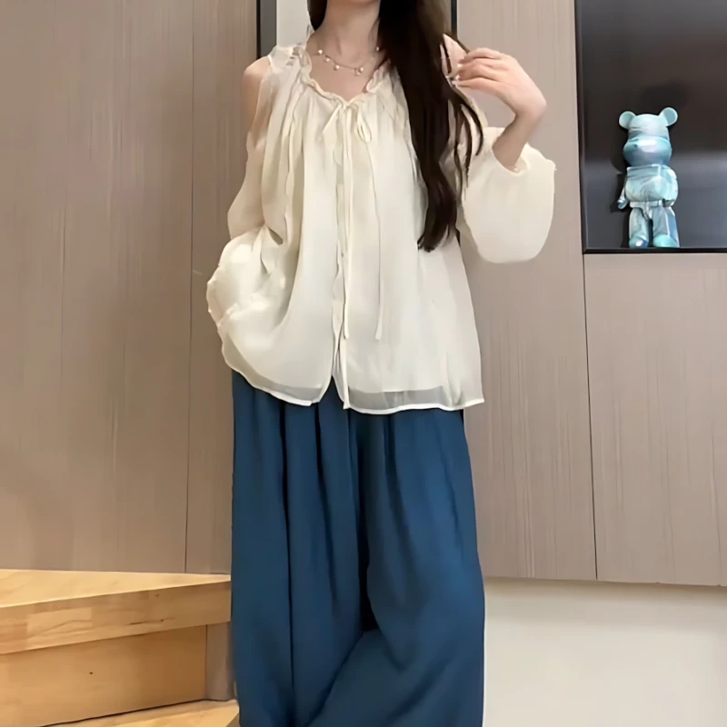 大码胖mm法式温柔风露肩衬衫女装夏季薄款长袖度假风甜美网纱上衣