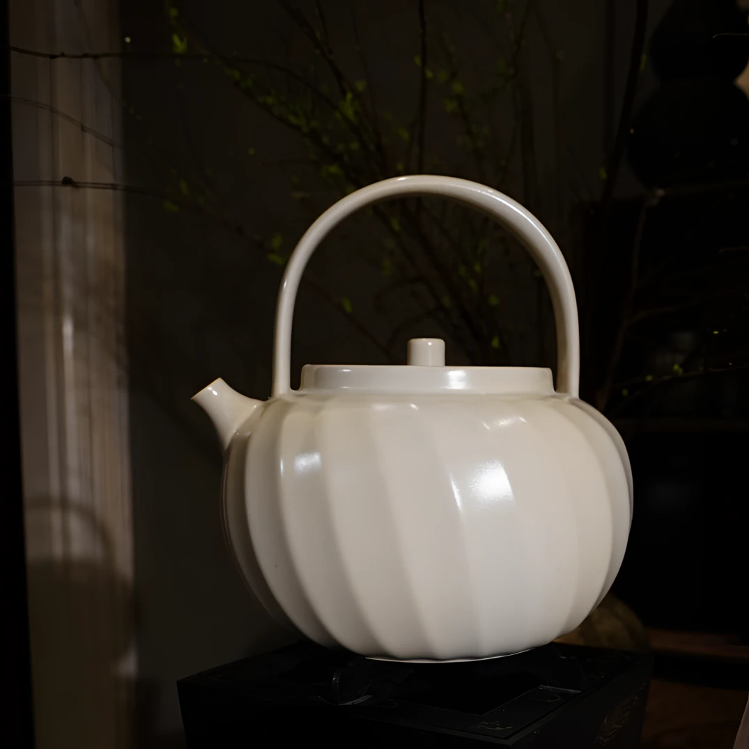 围炉煮茶米黄釉水纹提梁煮水壶1000cc大容量中式简约陶瓷烧茶壶