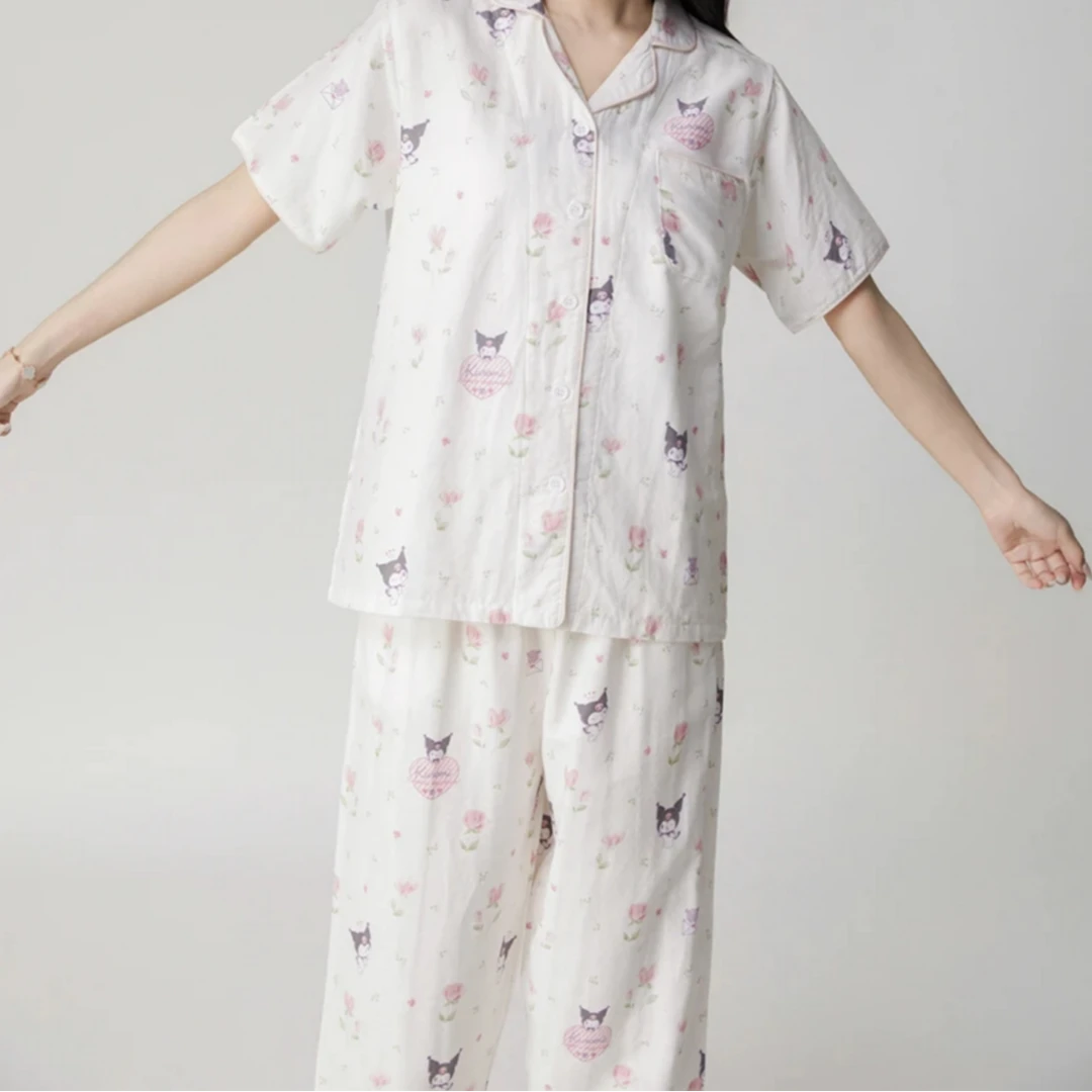 曼爵100%全棉库洛米双层纱夏季睡衣女卡通休闲短袖套装