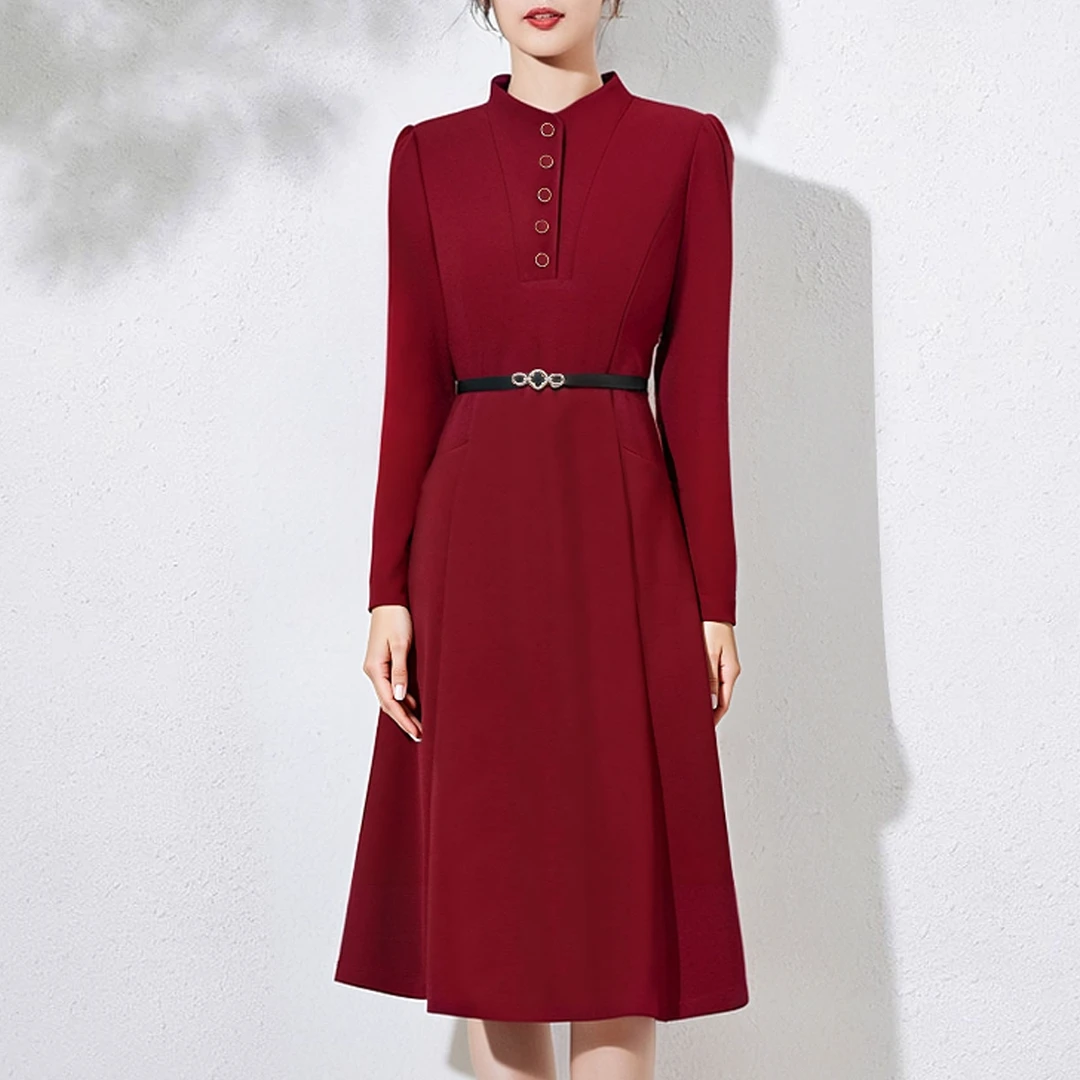 Y1058黑色系腰带女装连衣裙收腰显瘦春装新款时尚气质长袖裙子