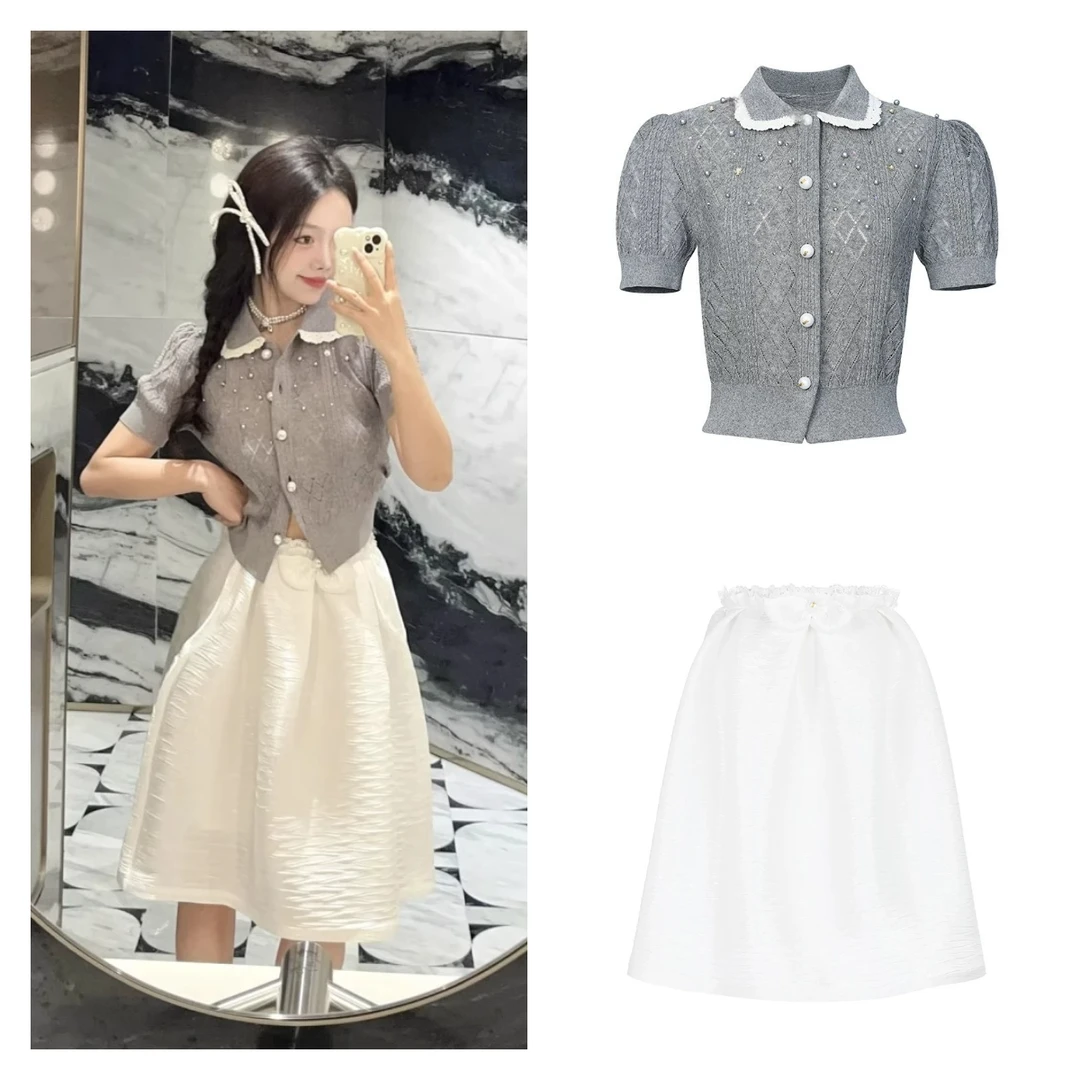 【今安安】娃娃领钉珠短袖针织开衫薄款冰丝针织衫2025夏