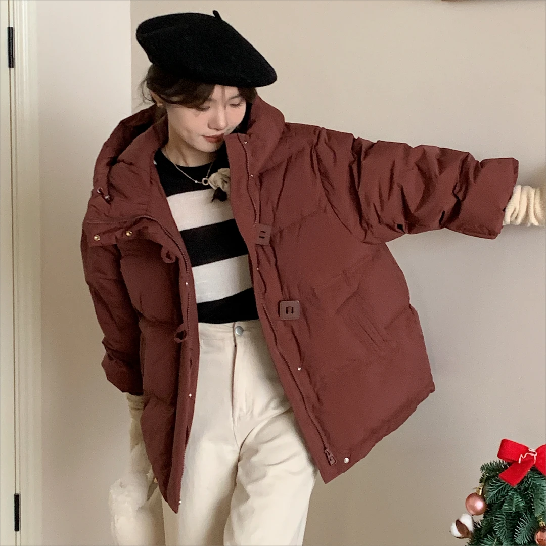 冬季连帽羽绒服外套女装新款宽松保暖面包服简约加厚白鸭绒羽绒服