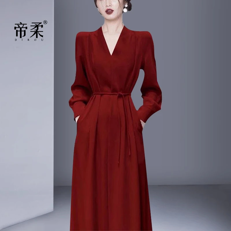 2025春秋新款法式复古红色中长裙高档大牌收腰名媛显瘦礼服连衣裙