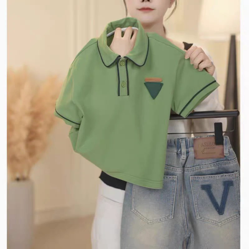 男孩男女童夏季新款中大童装韩版翻领t恤宽松绿色薄款男童裤子