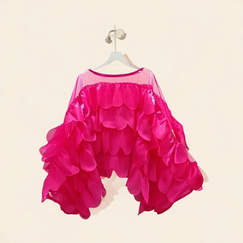 飞哥家小众设计感洋气珠光不规则荷叶边装饰别致蝙蝠袖衬衫上衣潮