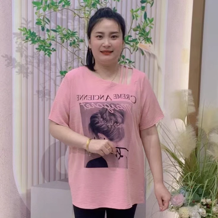 夏季新款1325斜领肩带设计美女图气质减龄百搭时尚冰丝短袖