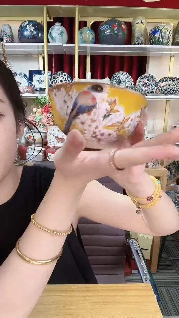 陶瓷九古烧山雀米饭碗-黄色11.5cm一只  盒子泡水