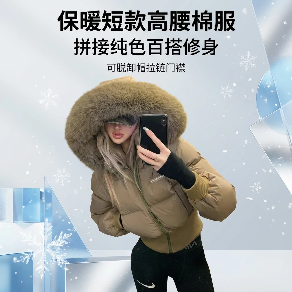 2025短款高腰保暖棉服棉衣百搭修身秋冬冬季大毛领