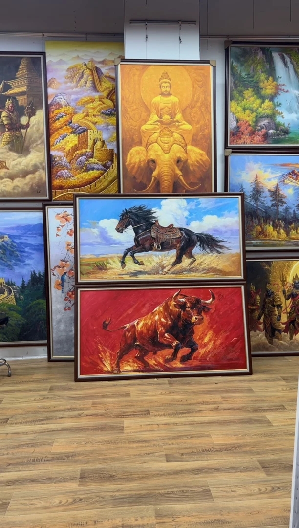 油画气冲斗牛带框90*170办公室玄关走廊家居挂画油画版画