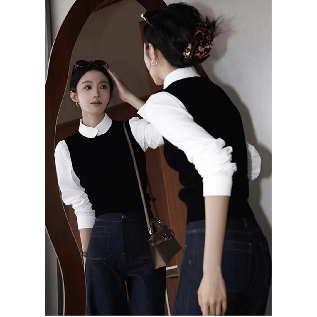 2025秋季法式别致独特上衣设计感小众不撞款黑色针织马甲两件套装