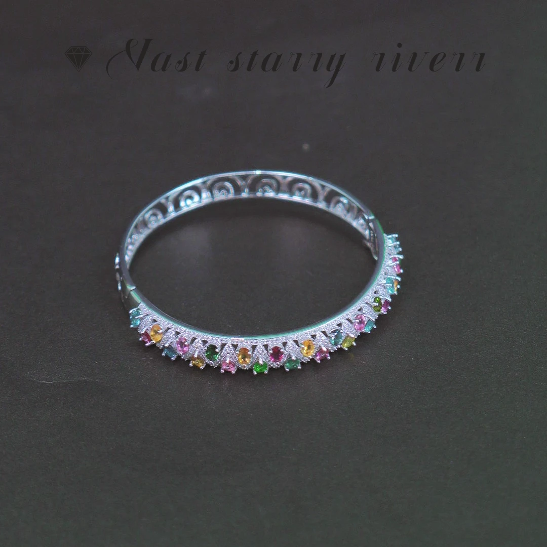 AFBXZ292-s925银镂空糖果色天然碧玺手镯（主石约：40分）