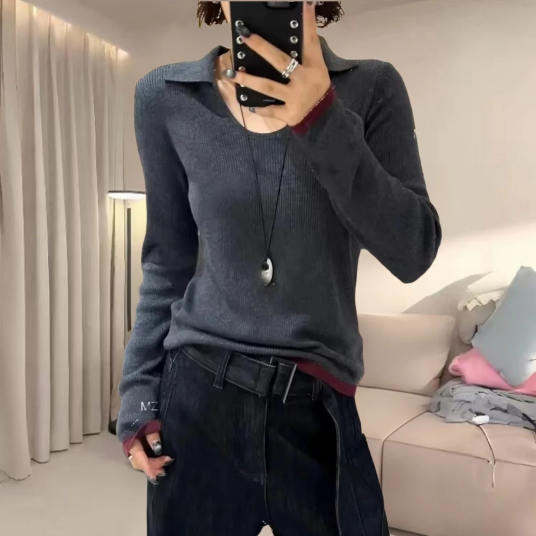 韩系穿搭撞色假两件针织衫毛衣女秋冬新款显瘦设计感气质上衣