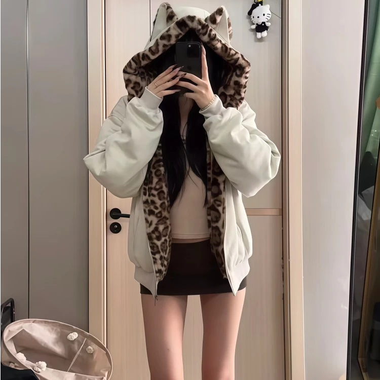 美式复古猫耳豹纹棉服女2025冬季新款宽松保暖学生棉衣情侣外套