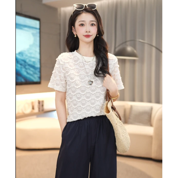 马克华菲女装2025夏季圆领提花小衫刺绣时尚衬衫减龄F52003A556CC