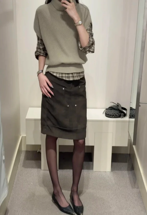 秋冬新款高领叠穿30羊毛针织马甲背心毛衣春秋套头无袖上衣+半裙