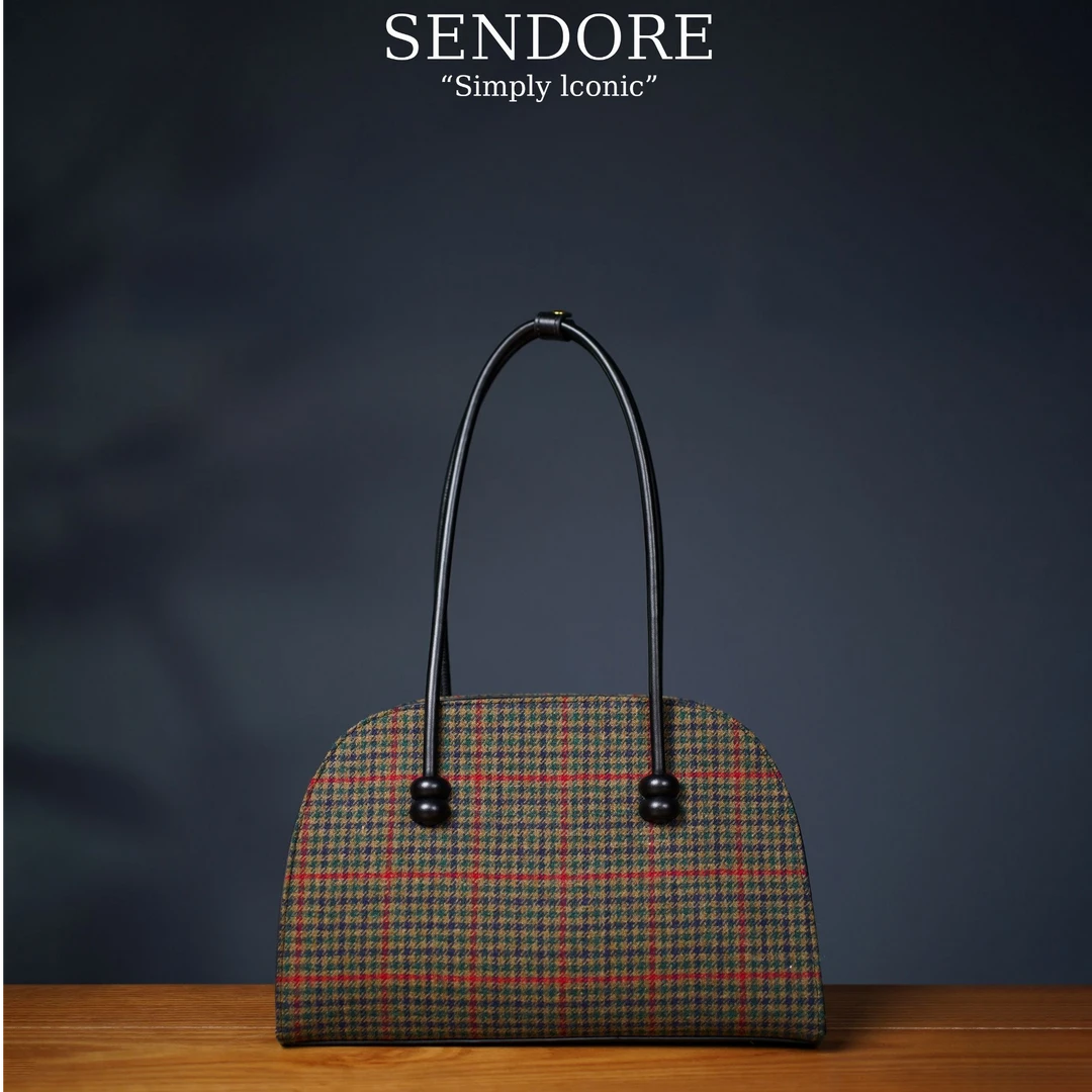 SENDORE 森岛/托特包 复古风牛皮毛呢格纹单肩包