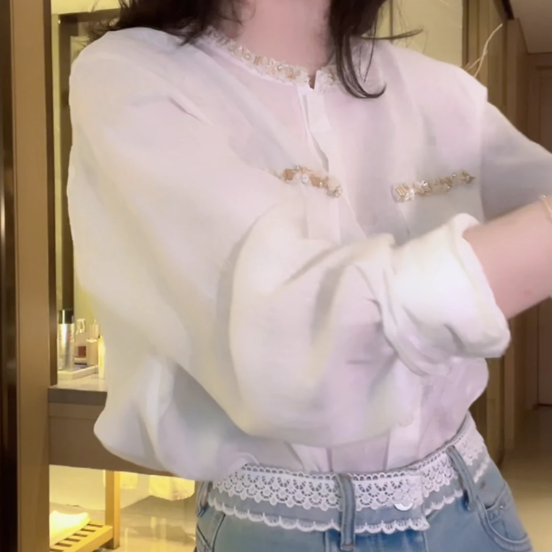 重工钉珠亮片口袋衬衫2025新款春季法式千金风时尚气质长袖衬衣