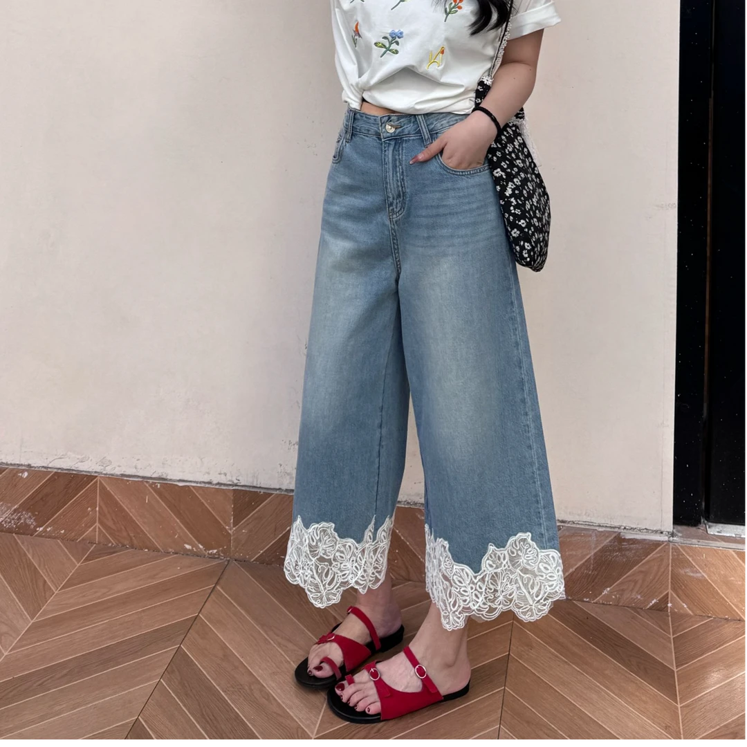 【甜漫花海】浅蓝色蕾丝花边拼接阔腿牛仔裤夏季高腰宽松显瘦九分裤
