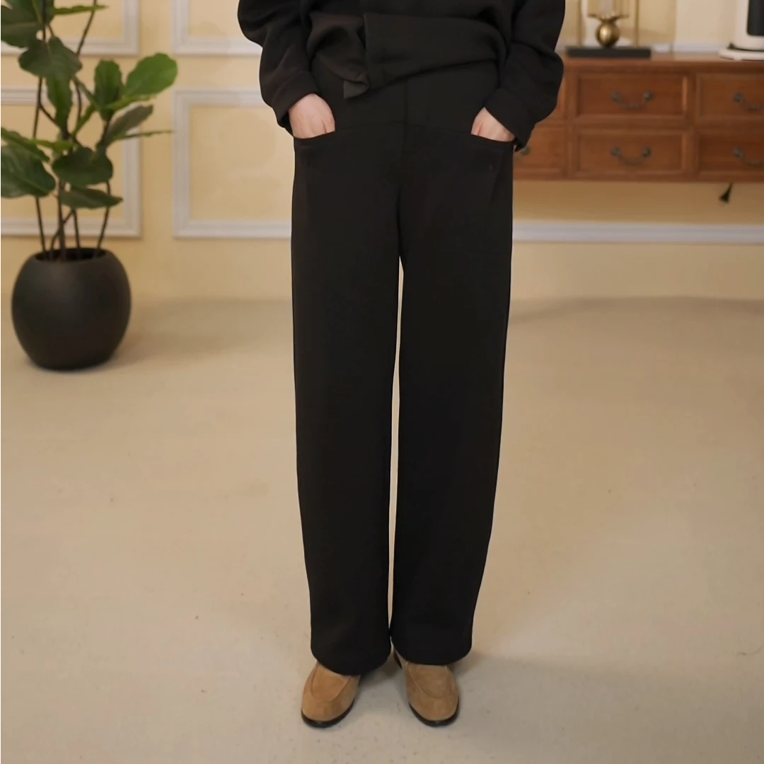 高腰春季时尚阔腿裤宽松女士黑色简约立体直筒长裤百搭直筒裤女装
