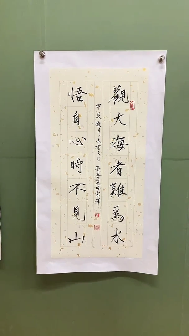 竖款精品对联书法，观大海