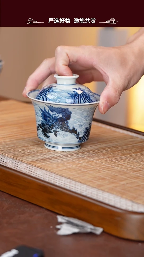 手工手绘青花盖碗