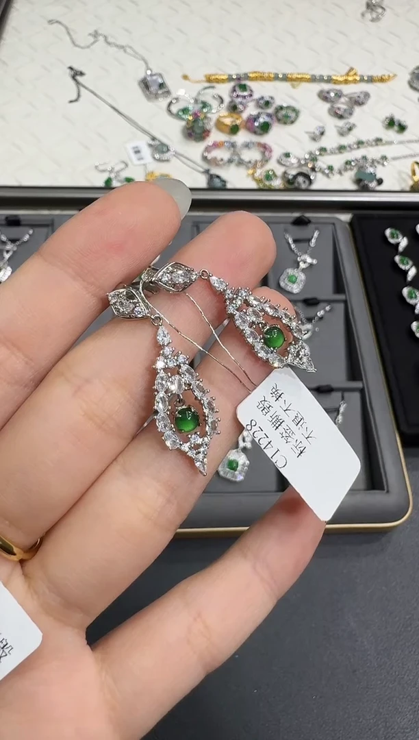 银S925镶嵌翡翠耳饰X1004-1822-101