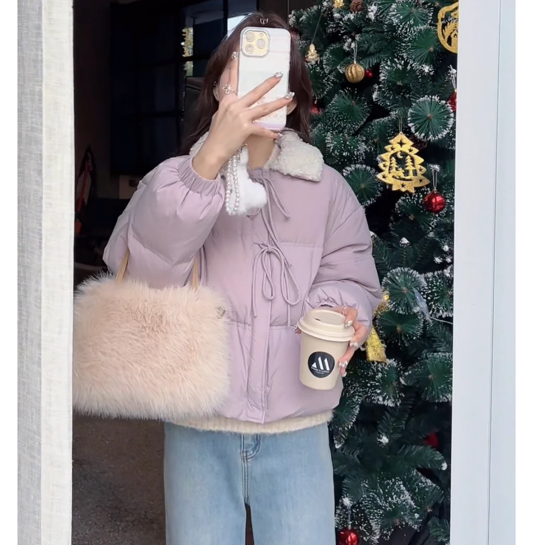 羊羔领棉服女短款2025冬季新款小众设计时尚减龄学院风轻薄外套