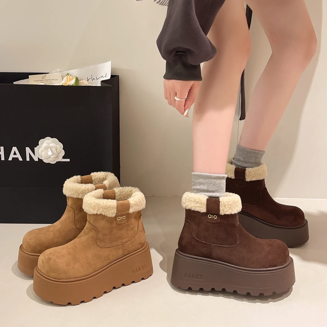 小个子厚底雪地靴2025秋冬新款加绒保暖增高勃肯短靴毛毛棉鞋女款