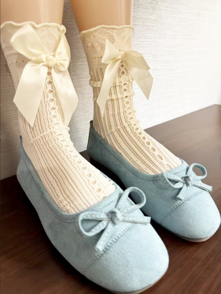 薄款百搭少女风飘带蝴蝶结洞洞中筒女袜日系韩版饰品袜堆堆袜