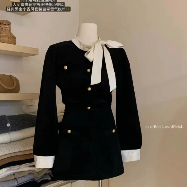 2025法式蝴蝶结富家千金长袖小香风公主套装气质高级感丝绒套装