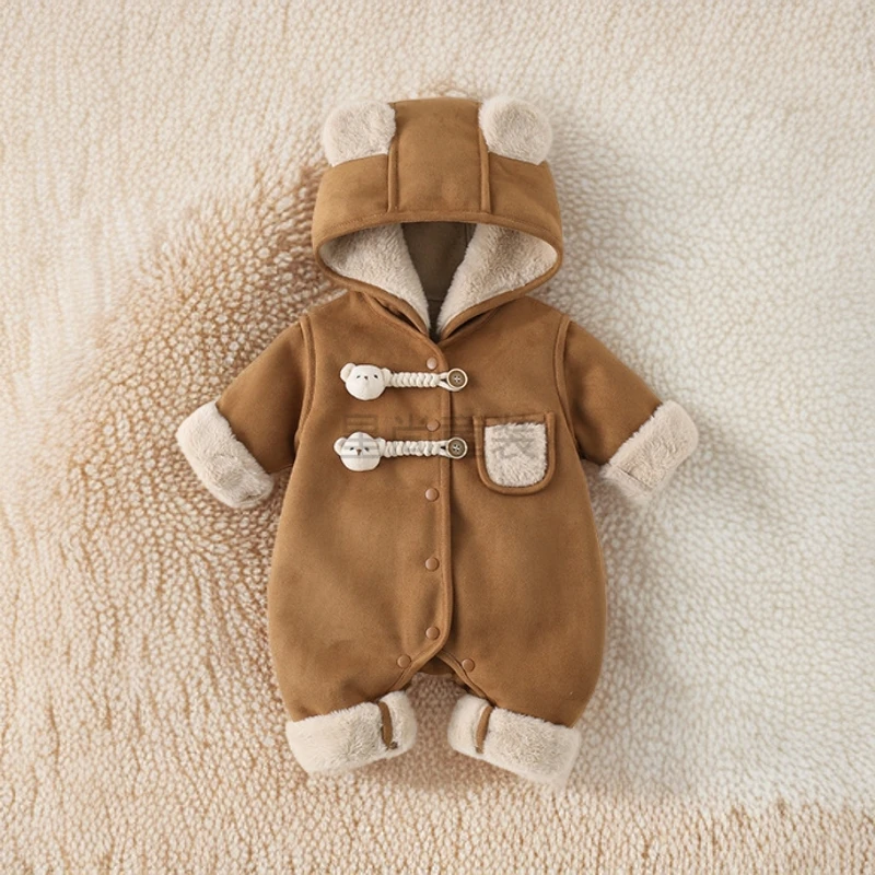 初生婴儿衣服冬季加绒可爱超萌外穿爬爬服棉衣宝宝加厚夹棉连体衣