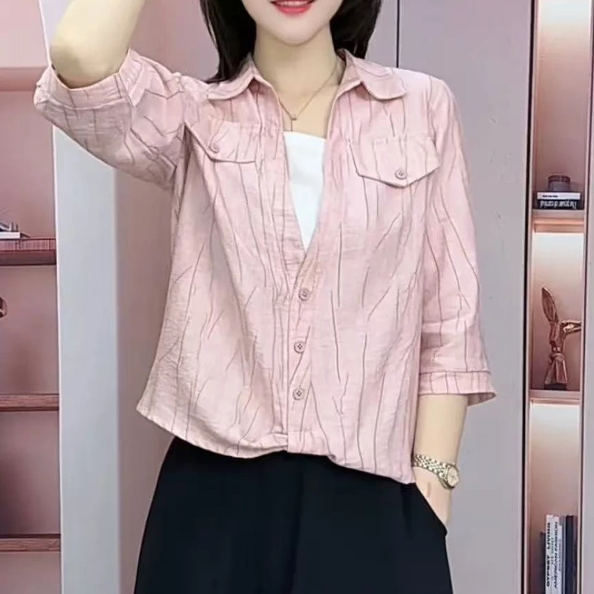 2025新款夏季七分袖休闲假两件衬衫时尚百搭宽松减龄洋气小衫女