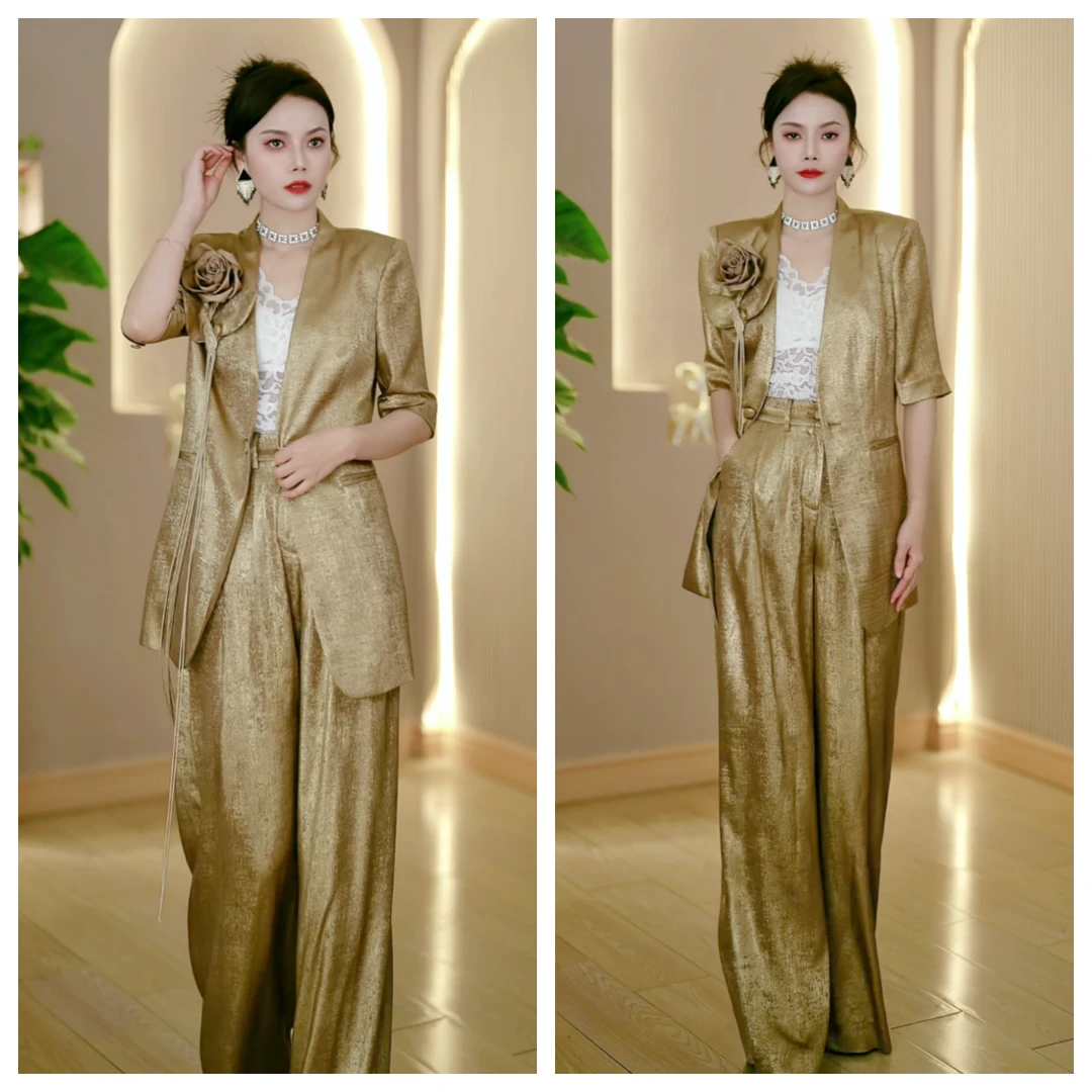 时尚流金色套装复古阔腿裤轻奢静奢风简约气质通勤休闲夏季套装