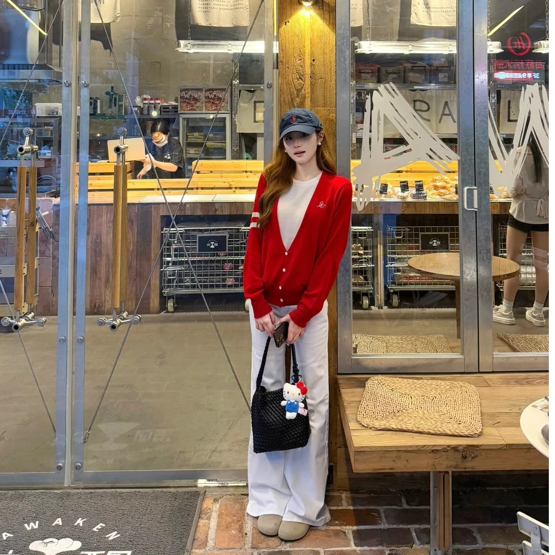 2025早秋新款时尚套装气质显瘦洋气休闲百搭红色针织长袖开衫长裤