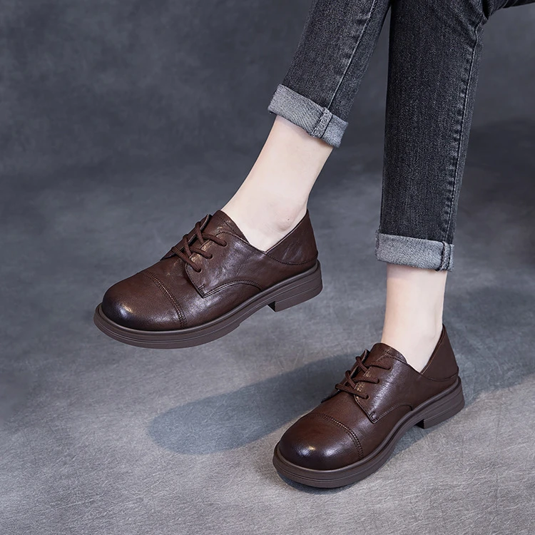 【老龙原创】头层牛皮小皮鞋女2025春季新款英伦单鞋系带两穿乐福鞋