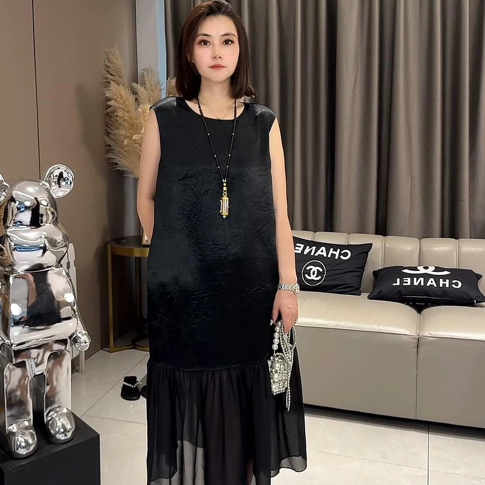 夏季气质长裙拼接潮流显瘦肌理感醋酸纯色无袖连衣裙