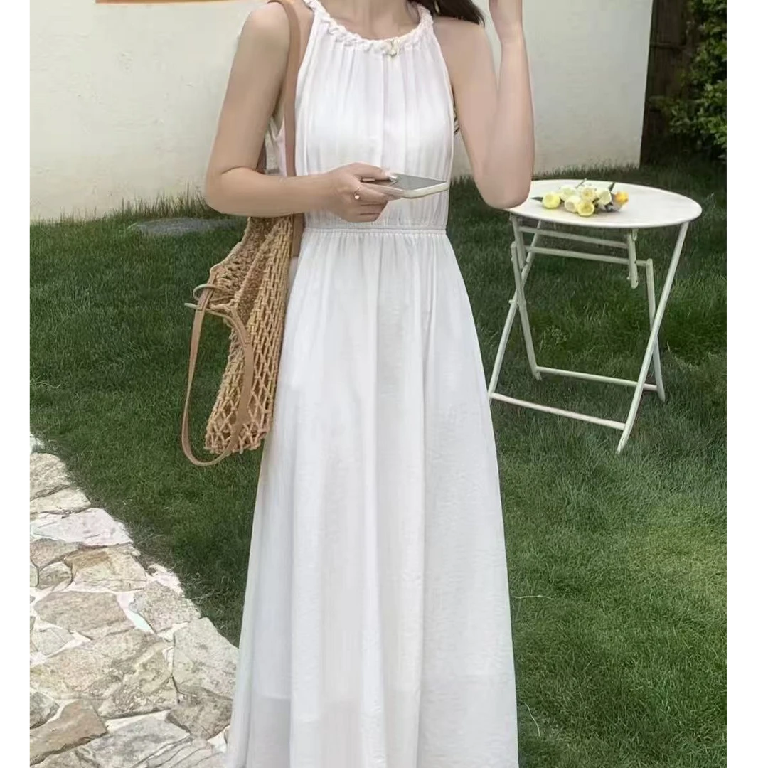 连衣裙白色无袖初恋小白裙长裙裙子夏季收腰复古