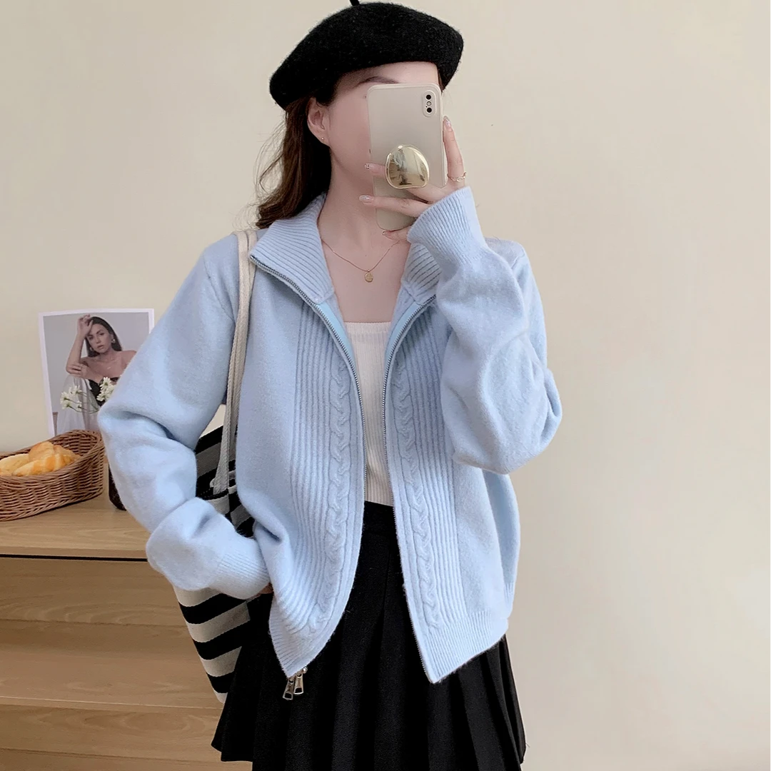秋冬新款麻花翻领毛衣女2025百搭休闲双拉链针织开衫设计感上衣